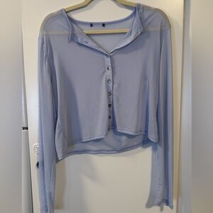 Light Blue Sheer Mesh Button Front Top Long Sleeve